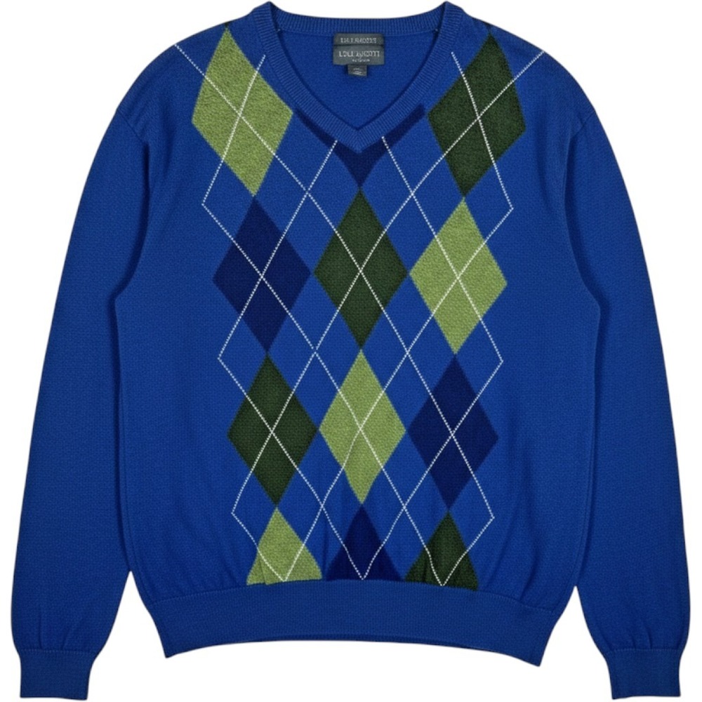 Lyle & Scott Mens Argyle V-Neck Sweater Blue Cotton L74100 Blueberry‎ Large NEW